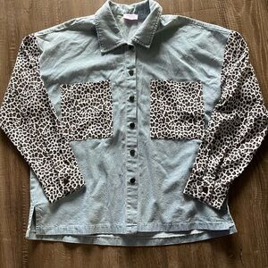 Pink Lily Light Blue and Leopard Jean Jacket